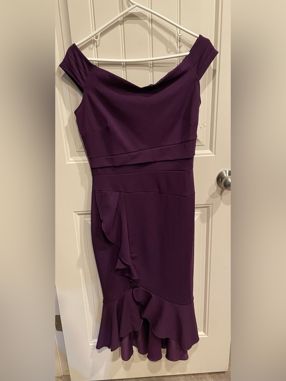 Knitee Off-Shoulder Purple Ruffle Hem Midi Dress by - Picture 3 of 4